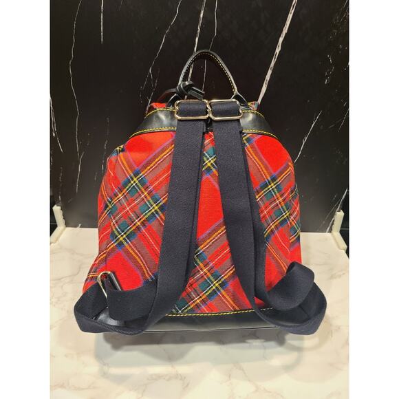 Dooney & Bourke VTG Large Red Tartan Plaid & Leather Backpack Drawstring TR573 - Picture 5 of 16